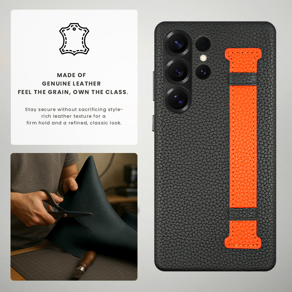 Amur Pro Series A-Case for Samsung Galaxy S25 Ultra - Slim & Lightweight Genuine Leather Case with Magnetic Compatibility and Case-Less Touch Feeling (6.9-Inch)"- Black/Orange