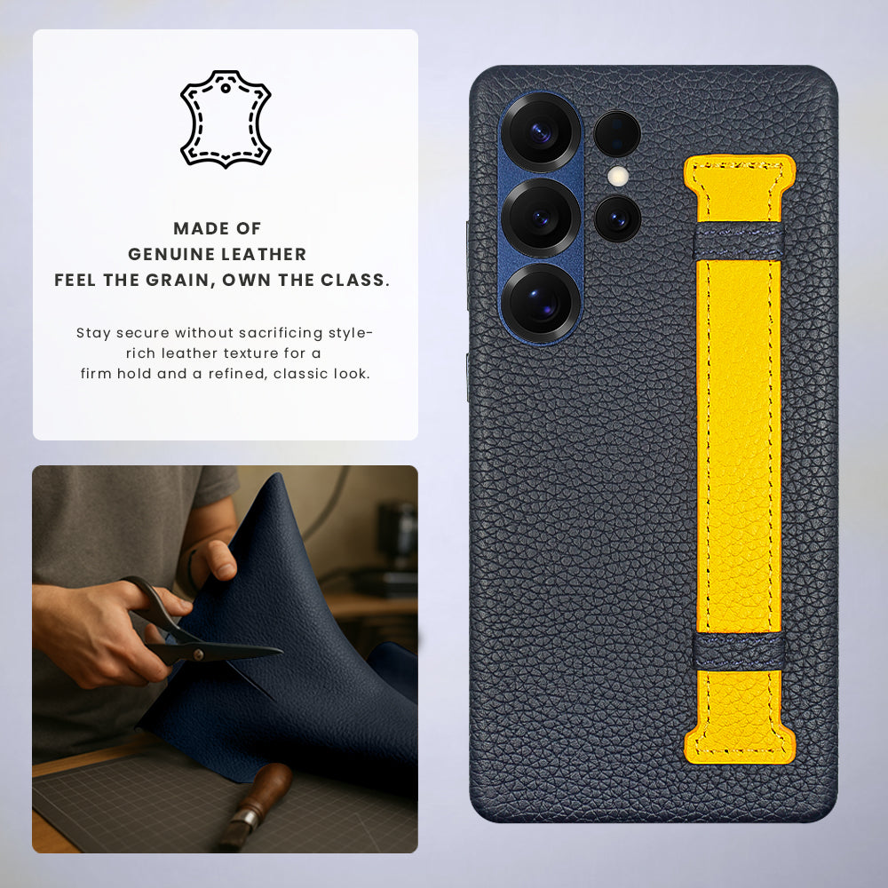 Amur Pro Series A-Case for Samsung Galaxy S25 Ultra - Slim & Lightweight Genuine Leather Case with Magnetic Compatibility and Case-Less Touch Feeling (6.9-Inch)"- Blue/Yellow