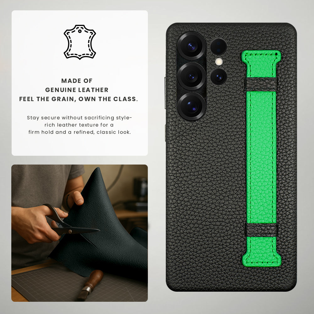 Amur Pro Series A-Case for Samsung Galaxy S25 Ultra - Slim & Lightweight Genuine Leather Case with Magnetic Compatibility and Case-Less Touch Feeling (6.9-Inch)"- Black/Green