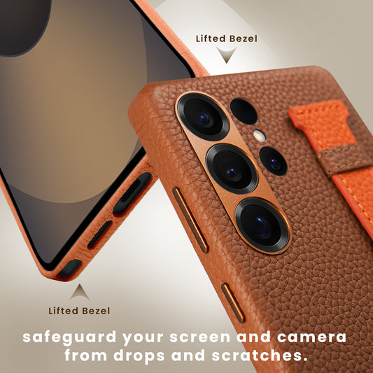 Amur Pro Genuine Leather Case With Strap For Samsung S25 Ultra - Brown/Orange