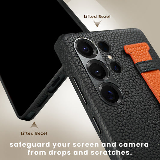 Amur Pro Genuine Leather Case With Strap For Samsung S25 Ultra - Black/Orange