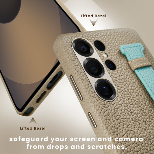 Amur Pro Genuine Leather Case With Strap For Samsung S25 Ultra - Gray/Tiffany