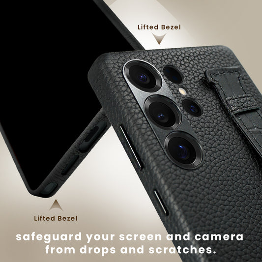 Amur Pro Genuine Leather Case With Strap For Samsung S25 Ultra - Black