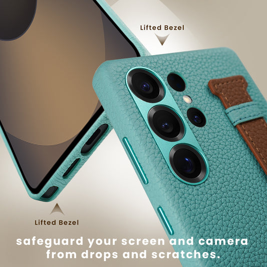 Amur Pro Genuine Leather Case With Strap For Samsung S25 Ultra - Tiffany/Brown