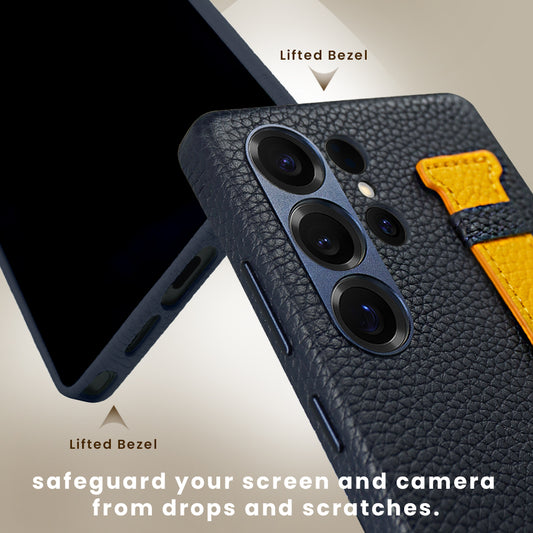 Amur Pro Genuine Leather Case With Strap For Samsung S25 Ultra - Black/Yellow