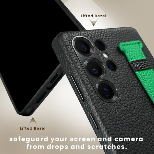 Amur Pro Genuine Leather Case With Strap For Samsung S25 Ultra - Black/Green