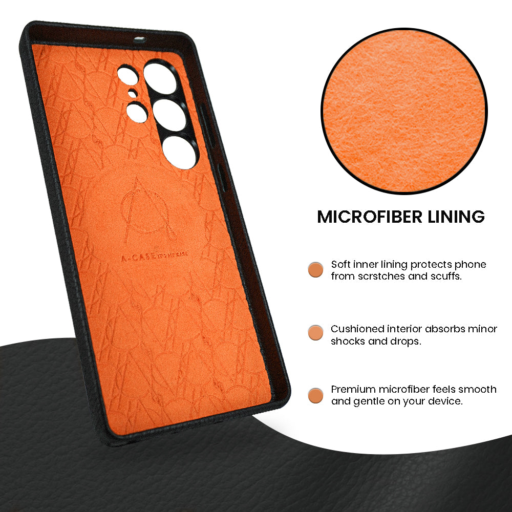 Amur Pro Series A-Case for Samsung Galaxy S25 Ultra - Slim & Lightweight Genuine Leather Case with Magnetic Compatibility and Case-Less Touch Feeling (6.9-Inch)"- Black/Orange