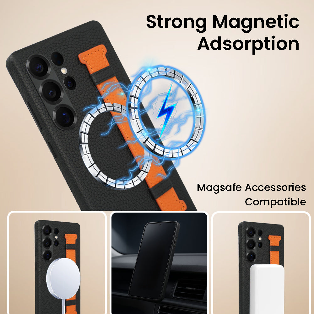Amur Pro Series A-Case for Samsung Galaxy S25 Ultra - Slim & Lightweight Genuine Leather Case with Magnetic Compatibility and Case-Less Touch Feeling (6.9-Inch)"- Black/Orange