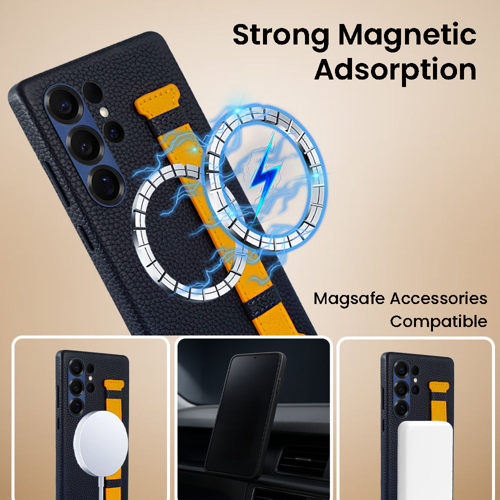 Amur Pro Series A-Case for Samsung Galaxy S25 Ultra - Slim & Lightweight Genuine Leather Case with Magnetic Compatibility and Case-Less Touch Feeling (6.9-Inch)"- Blue/Yellow