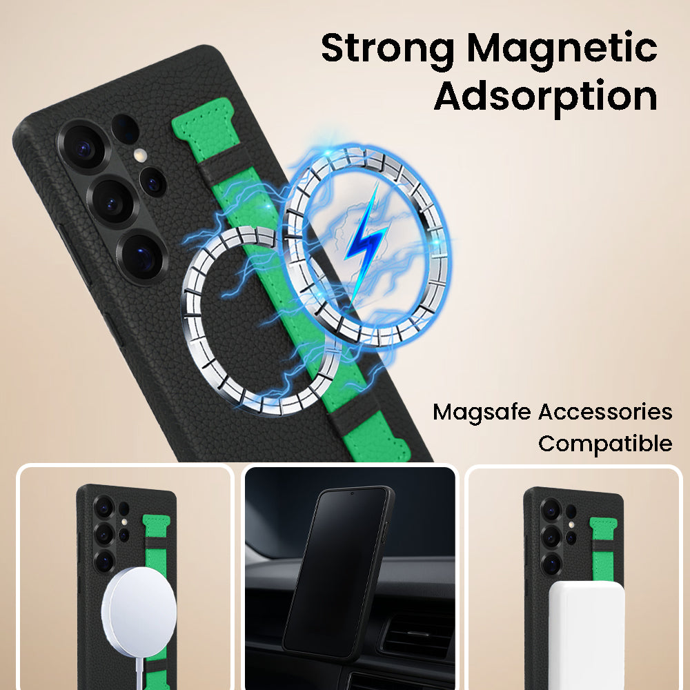 Amur Pro Series A-Case for Samsung Galaxy S25 Ultra - Slim & Lightweight Genuine Leather Case with Magnetic Compatibility and Case-Less Touch Feeling (6.9-Inch)"- Black/Green