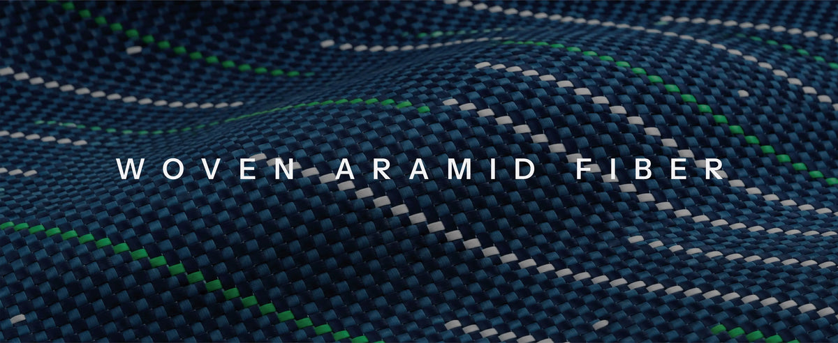Close-up of the woven aramid fiber with blue, white and green accents