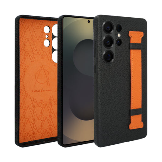 Amur Pro Series A-Case for Samsung Galaxy S25 Ultra - Slim & Lightweight Genuine Leather Case with Magnetic Compatibility and Case-Less Touch Feeling (6.9-Inch)"- Black/Orange