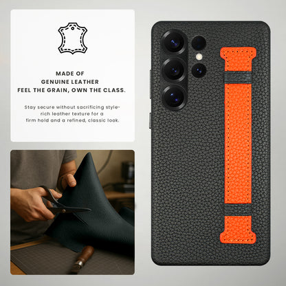 Amur Pro Series A-Case for Samsung Galaxy S25 Ultra - Slim & Lightweight Genuine Leather Case with Magnetic Compatibility and Case-Less Touch Feeling (6.9-Inch)"- Black/Orange