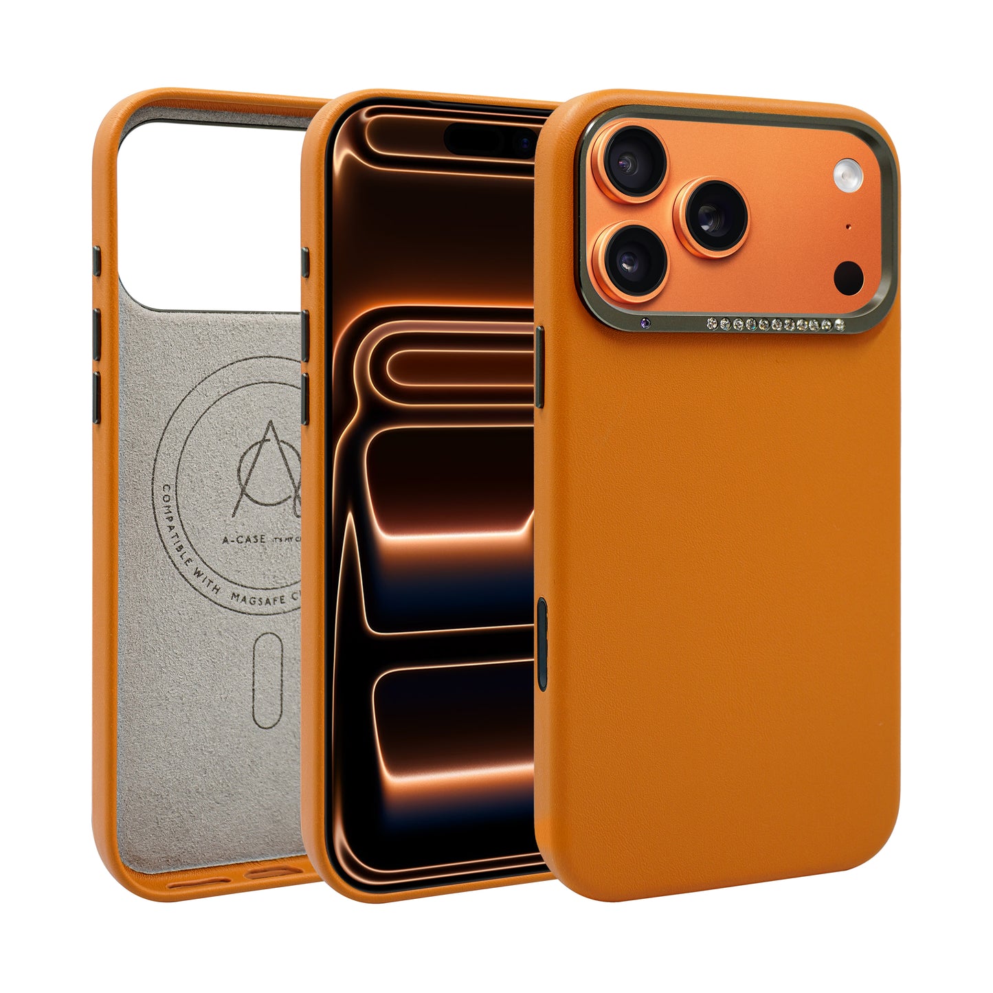 Alimli Vegan Leather Crystal Rhinstones Case for iPhone 17 Pro Max - Orange