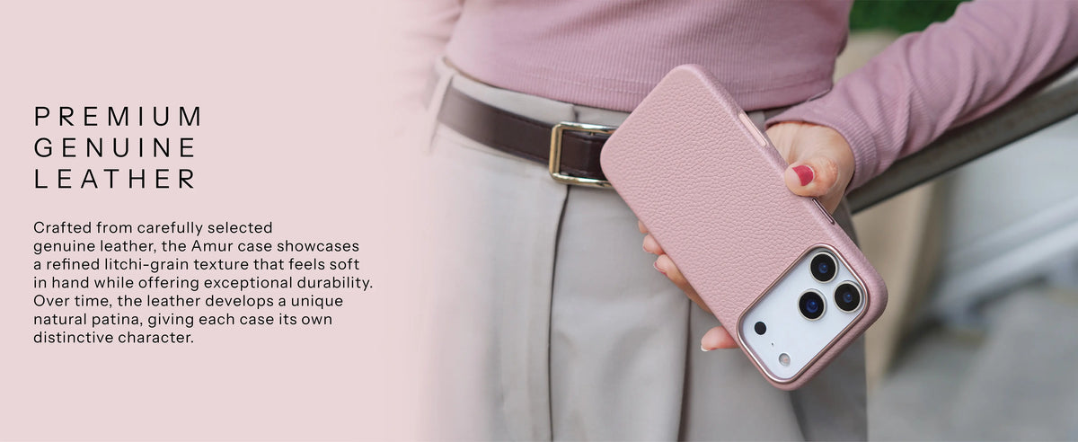 Premium genuine leather with a refined litchi-grain texture