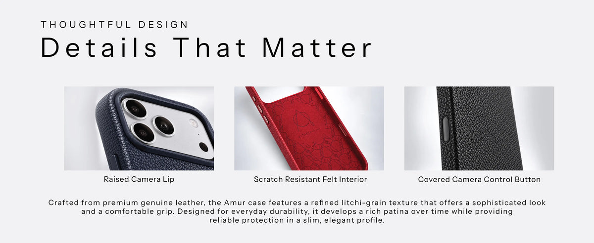Details: raised camera lip, scratch-resistant felt interior, covered camera control button