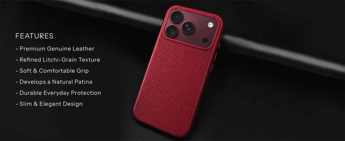 Amur case features: premium genuine leather, litchi-grain texture, soft grip, natural patina, slim design