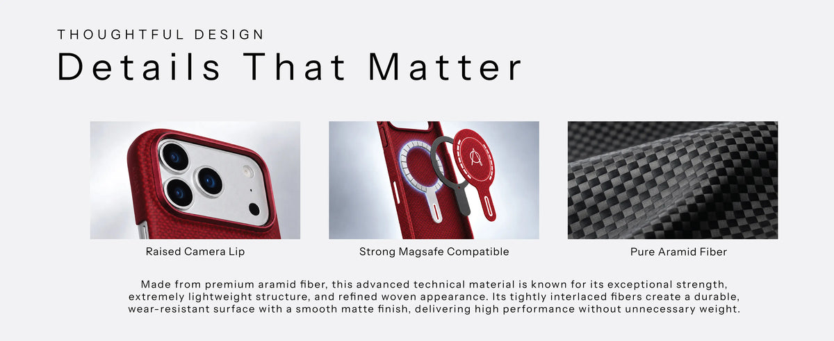 Details: raised camera lip, MagSafe compatible, pure aramid fiber